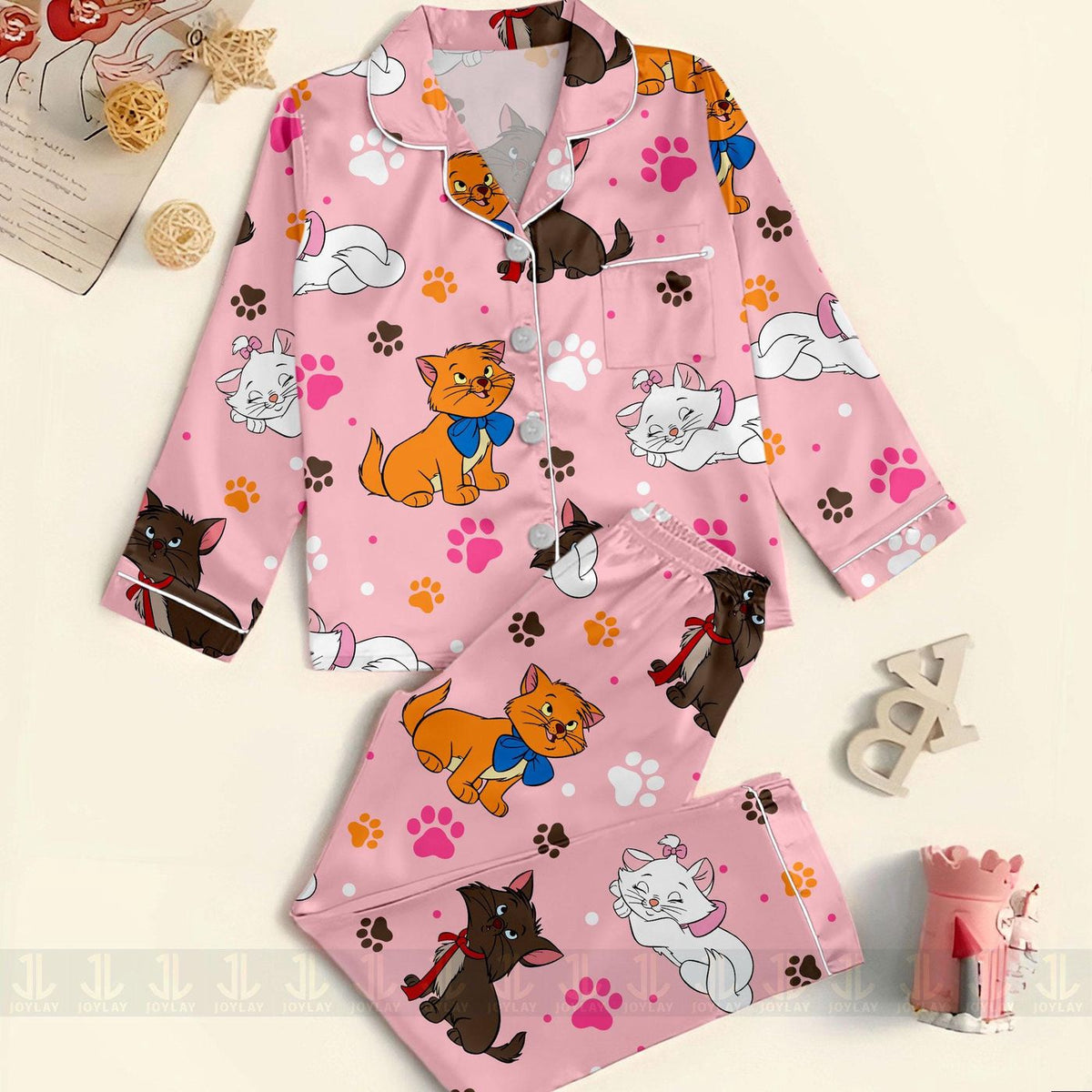 Aristocats Marie Friends Satin Pajamas Set Unisex Spooky Season Long Sleeve Short