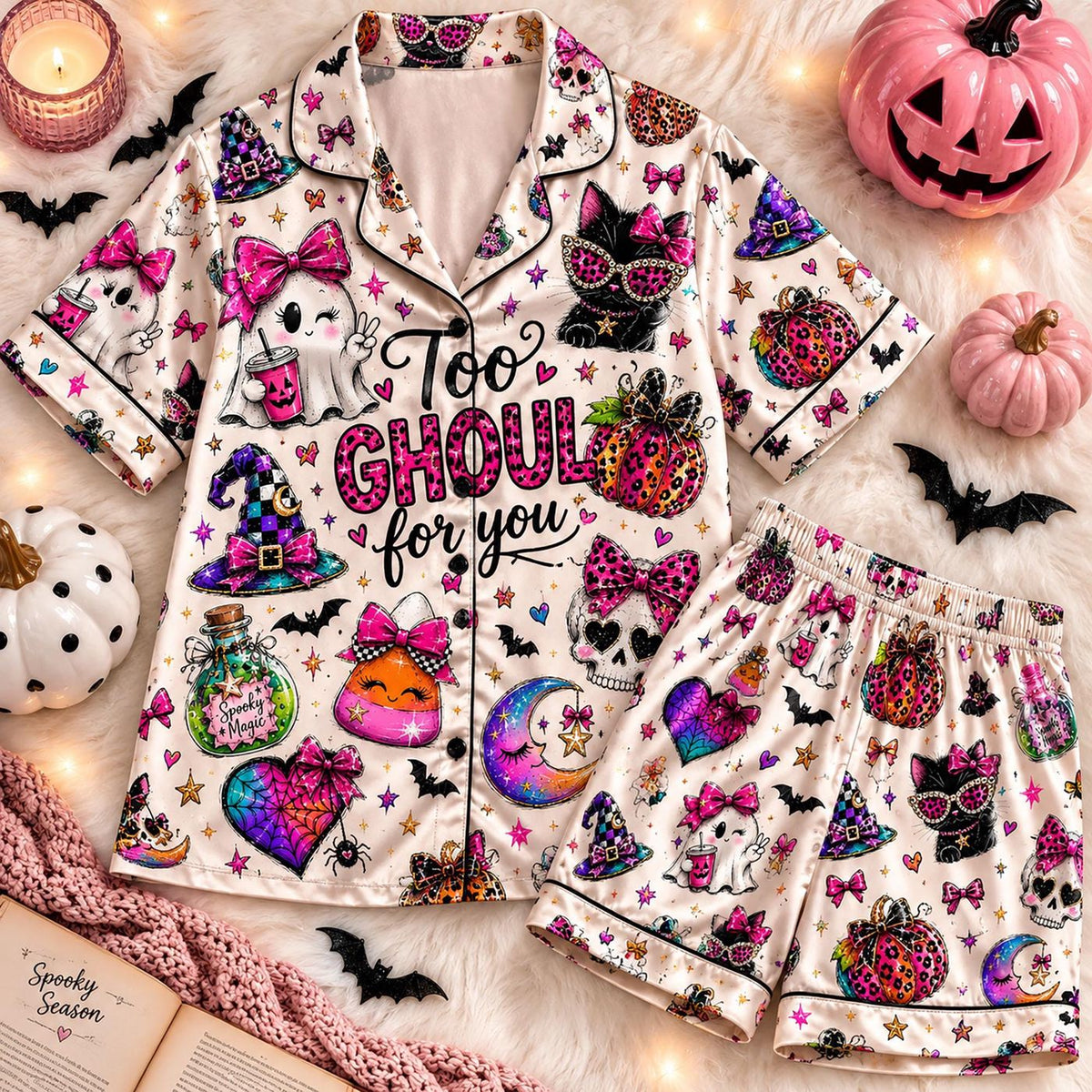 Spooky Cute Ghost Satin PJ Set Pink Pumpkin Sleepwear Halloween Pajamas Gift for Her