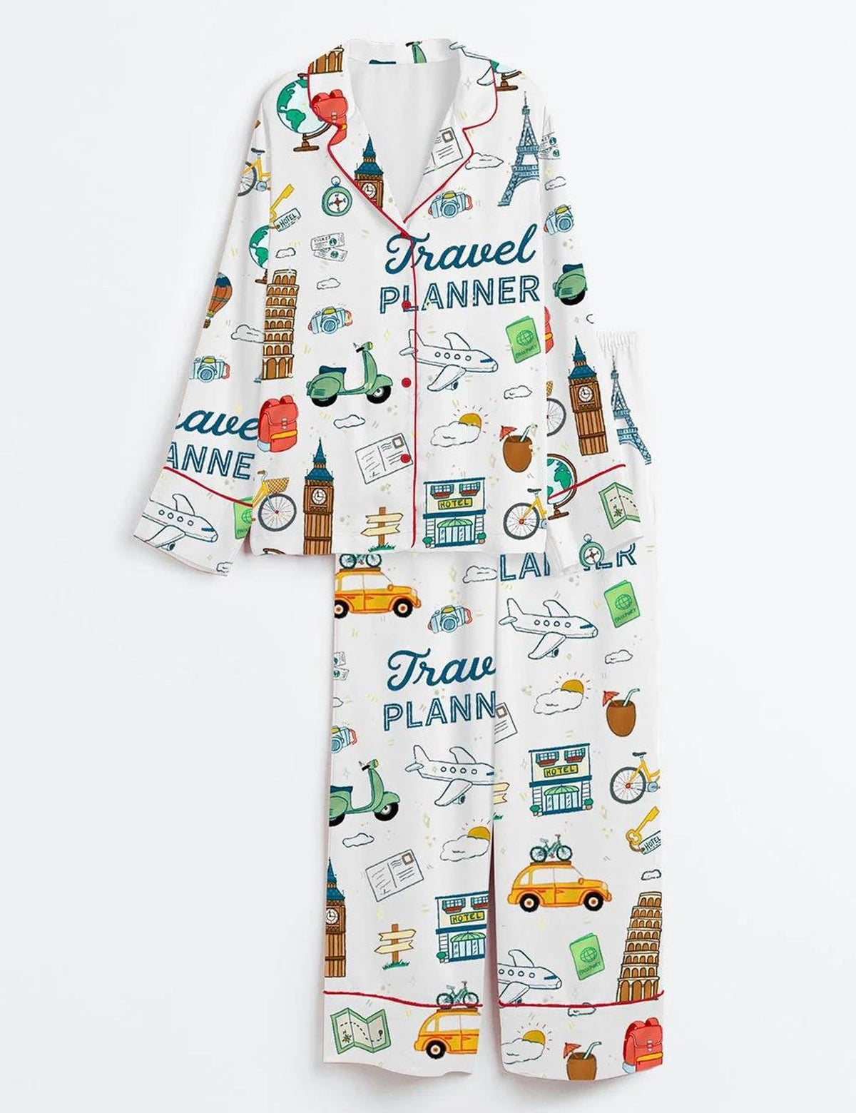 Adventure Awaits: Travel Planner Satin Pajamas - Bachelorette Girls Trip Loungewear Set