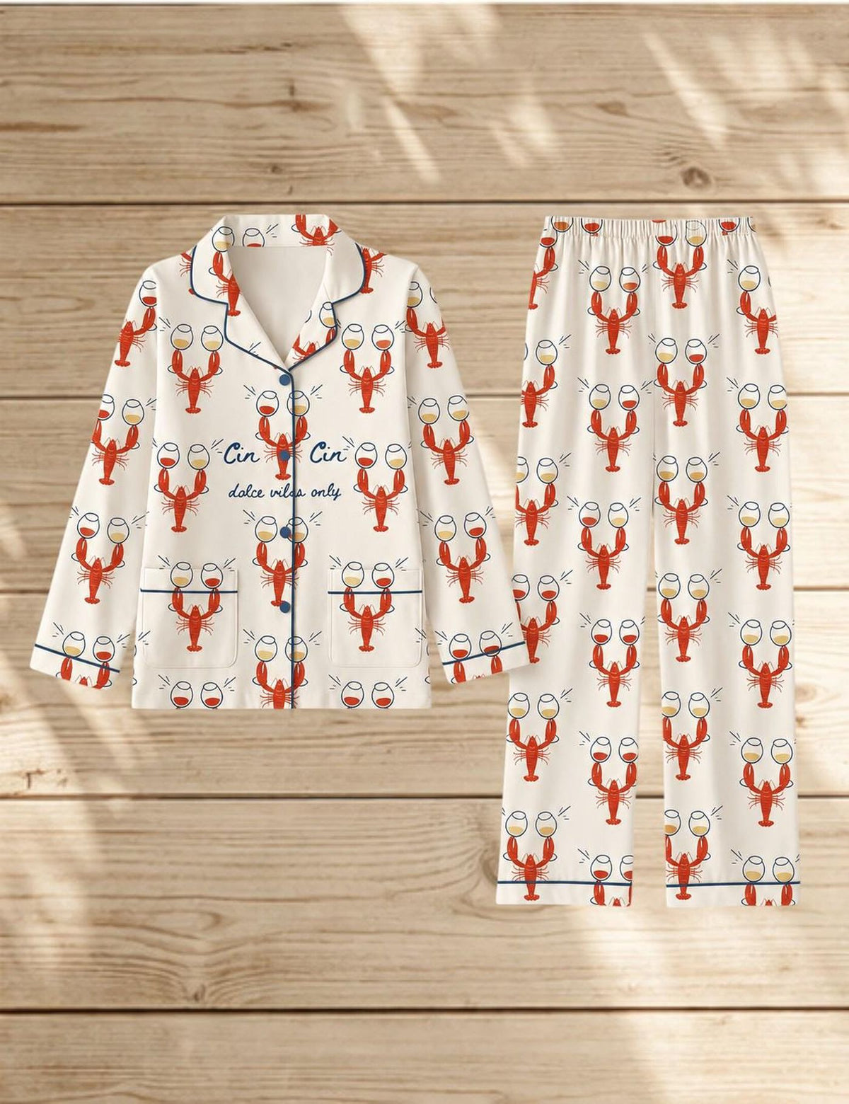 Coastal Lobster Satin Long Sleeve Pajamas for Women - Cute Summer Cocktail Sleepwear Gift