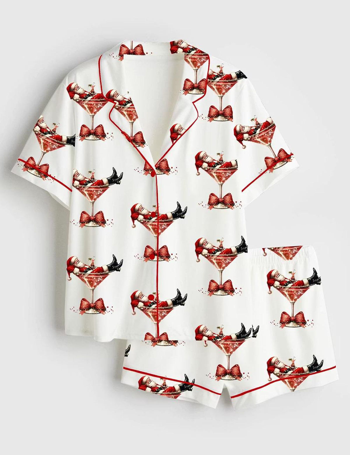 Trendy Santa s Hot Mess Satin PJs: Martini Santa Christmas Short Sleepwear