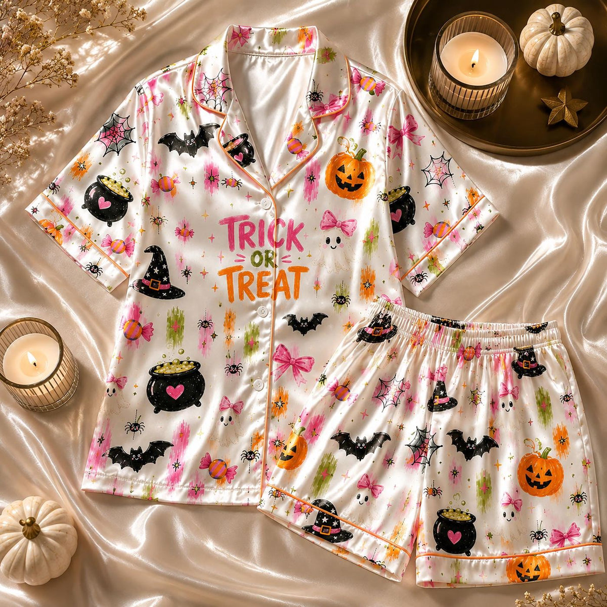 Spooky Halloween Pajamas - Ghost Bow Pink Pumpkin Satin PJ Set for Her