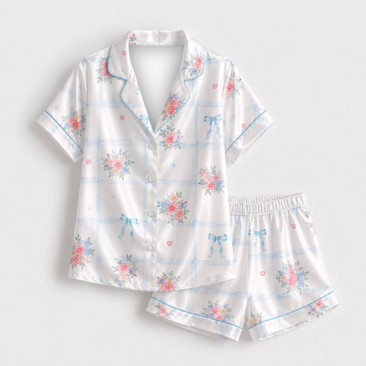 Tropical Bow Satin Pajama Set Pink Blue Floral Stripe Two Piece Lounge Sleepwear