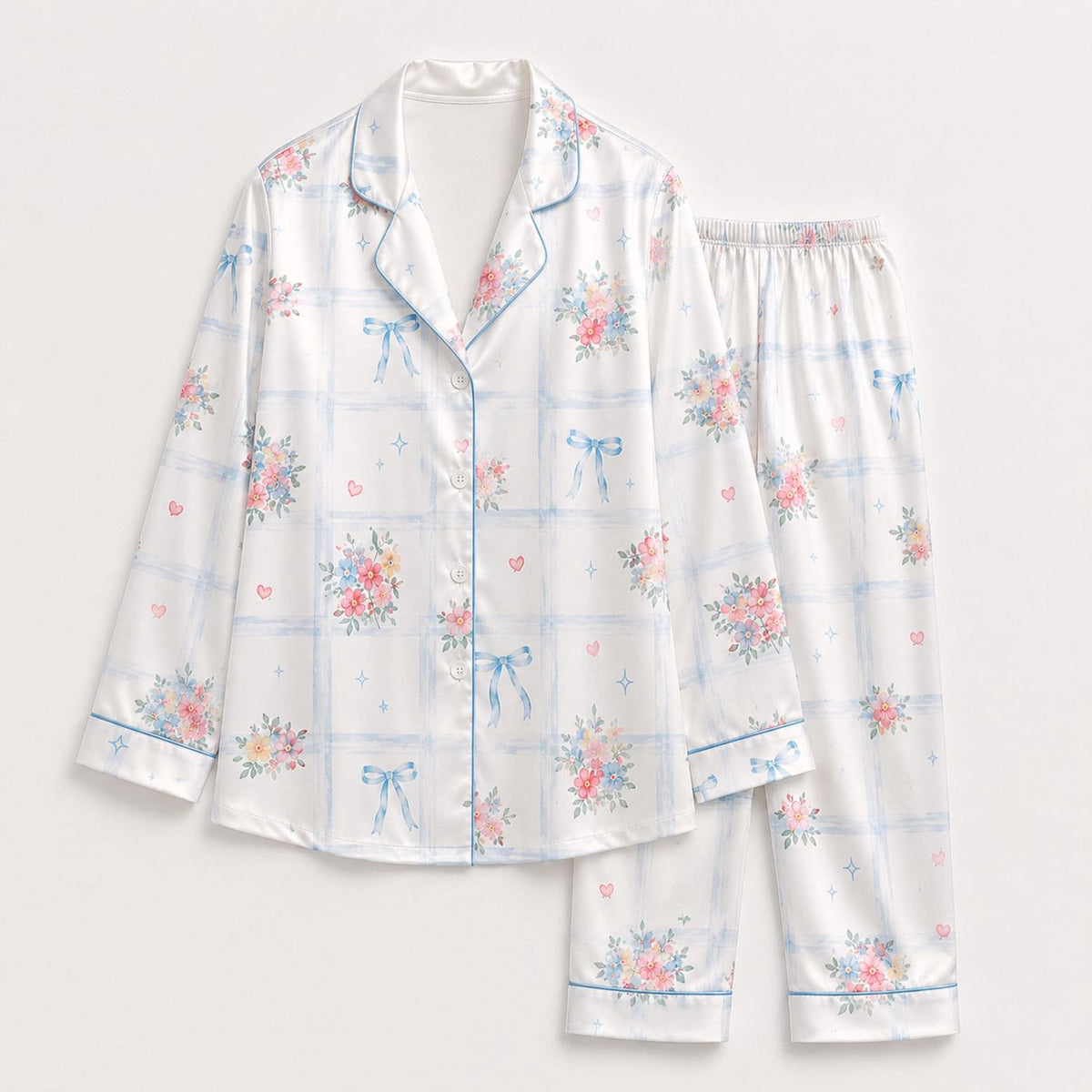 Tropical Bow Satin Pajama Set Pink Blue Floral Stripe Two Piece Lounge Sleepwear