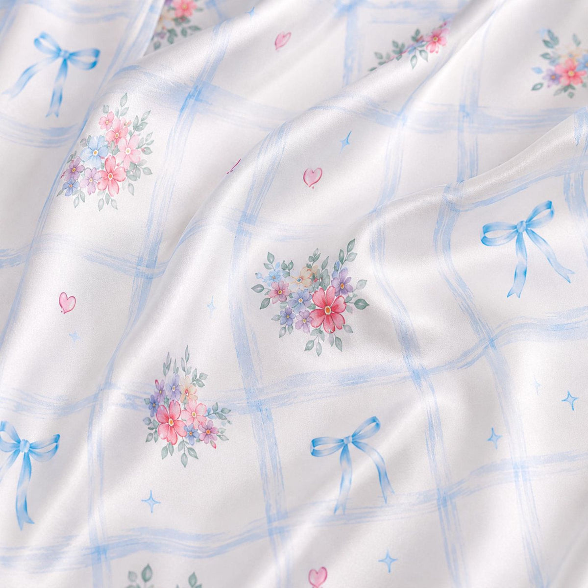 Tropical Bow Satin Pajama Set Pink Blue Floral Stripe Two Piece Lounge Sleepwear