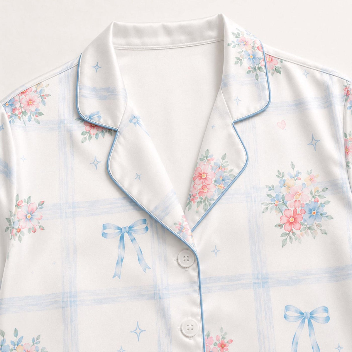 Tropical Bow Satin Pajama Set Pink Blue Floral Stripe Two Piece Lounge Sleepwear