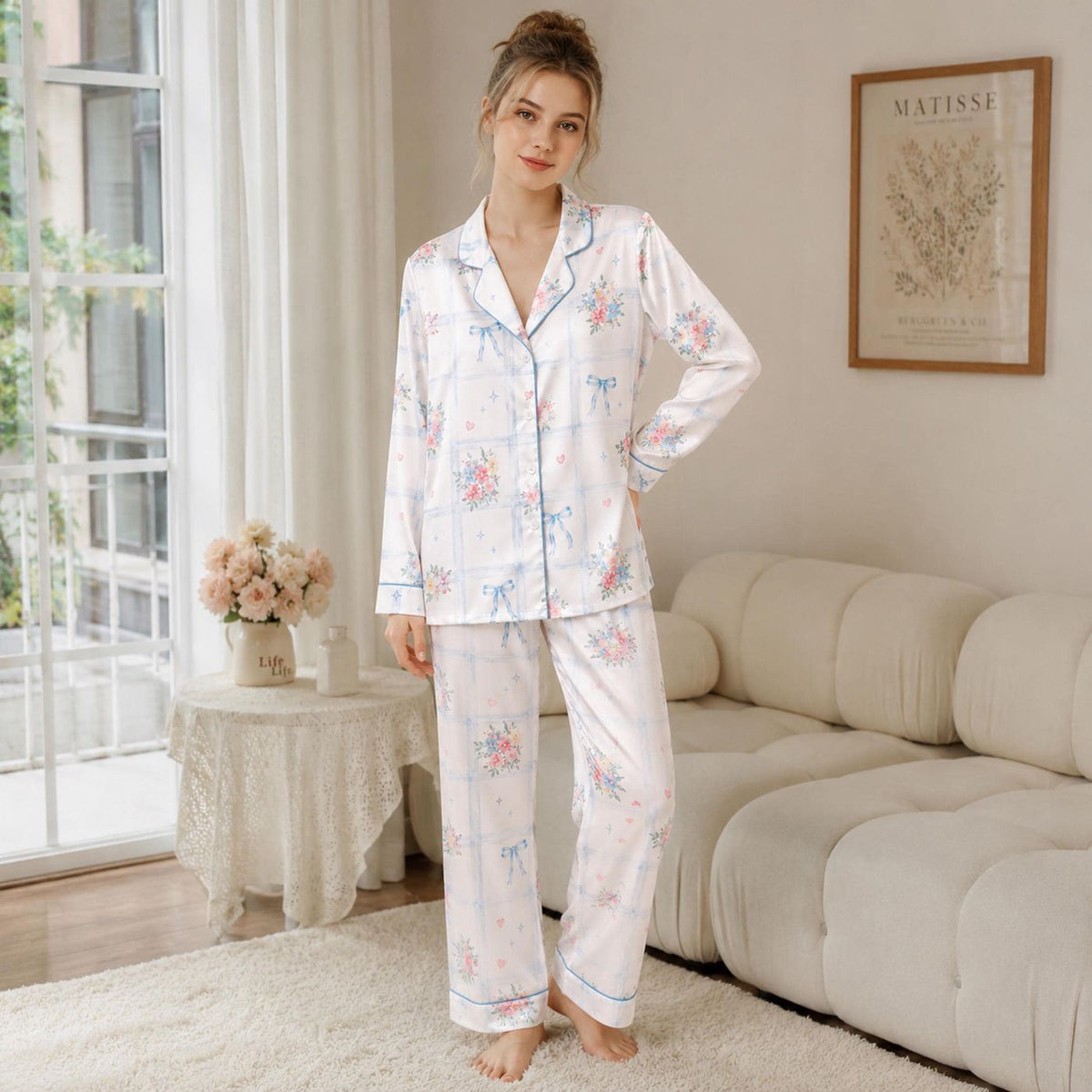 Tropical Bow Satin Pajama Set Pink Blue Floral Stripe Two Piece Lounge Sleepwear