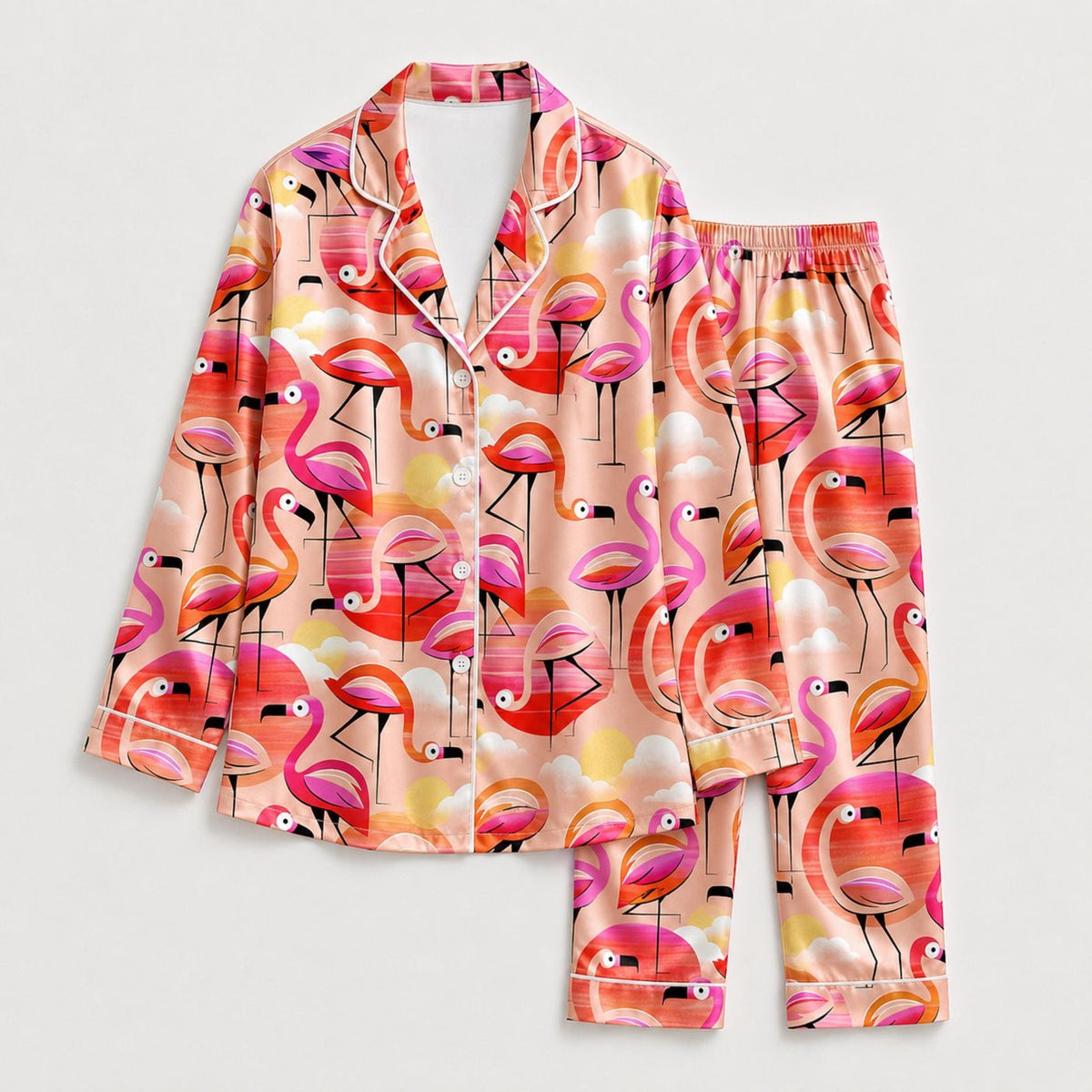 Vibrant Tropical Flamingo Satin Pajama Set: Coastal Print Sleepwear