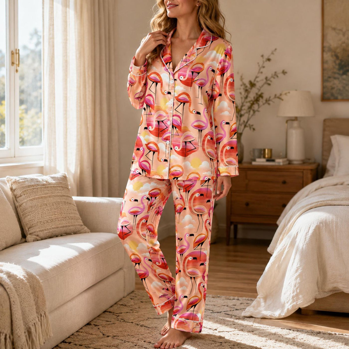 Tropical Flamingo Satin Pajama Set Vibrant Coastal Print Sleepwear