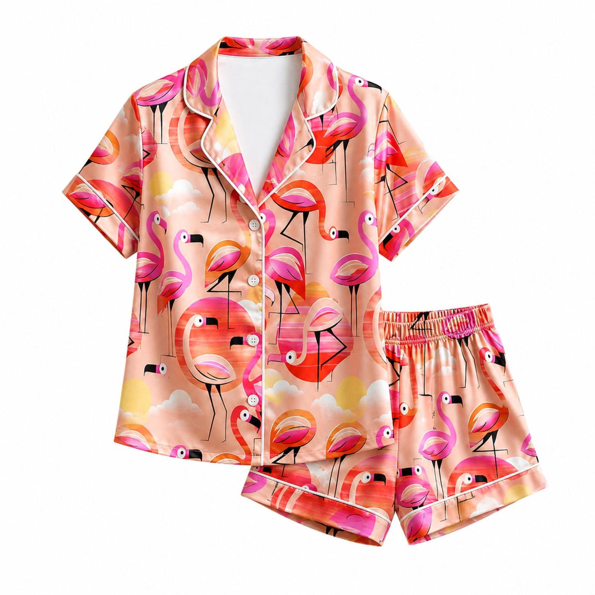 Tropical Flamingo Satin Pajama Set Vibrant Coastal Print Sleepwear