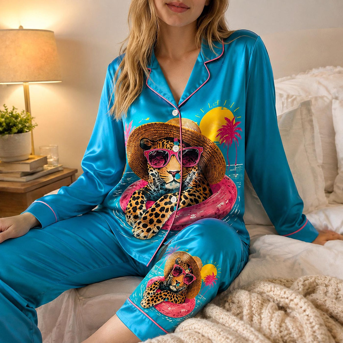 Leopard Satin Pajama Set with Tropical Pattern and Pool Float Sunglasses - Summer Vacation Style