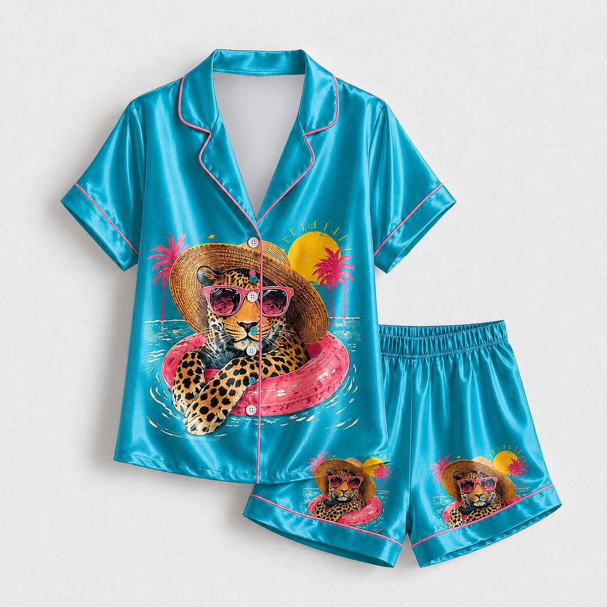 Tropical Leopard Satin Pajama Set with Pool Float Sunglasses and Palm Trees
