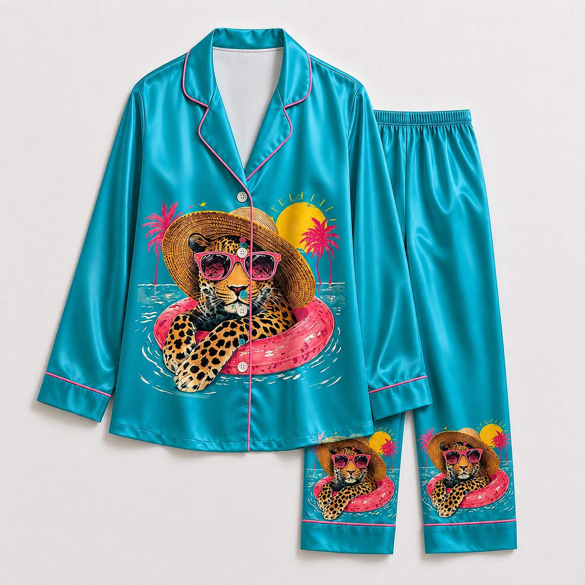 Leopard Satin Pajama Set with Tropical Pattern and Pool Float Sunglasses - Summer Vacation Style