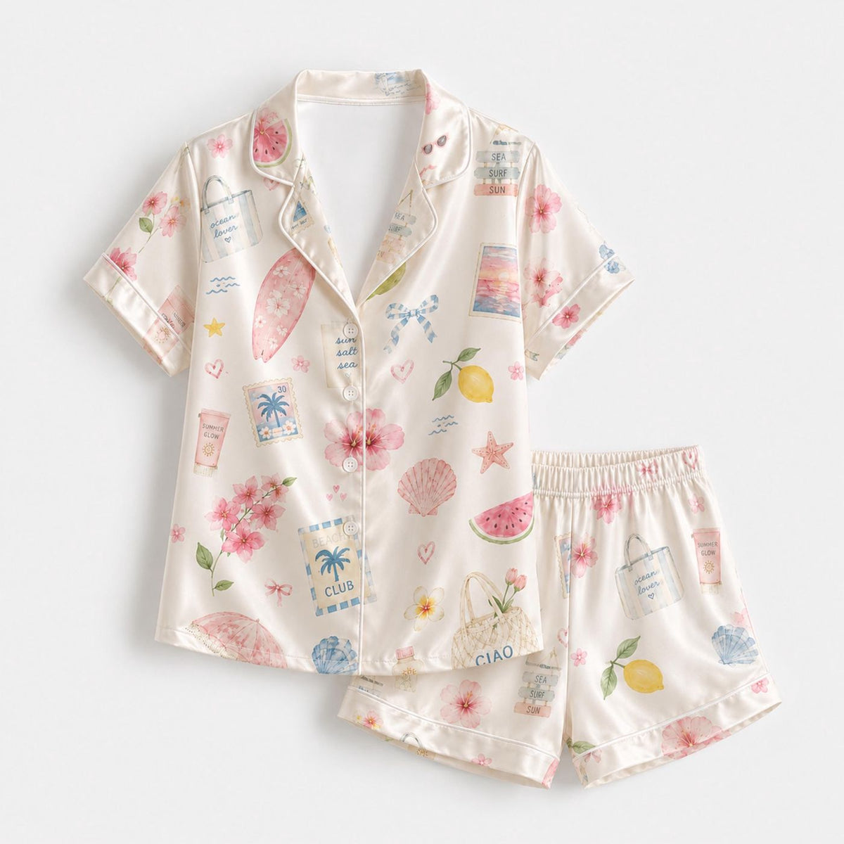Beach Fruits & Seashells Satin Pajama Set for Summer Vacation - Tropical Print