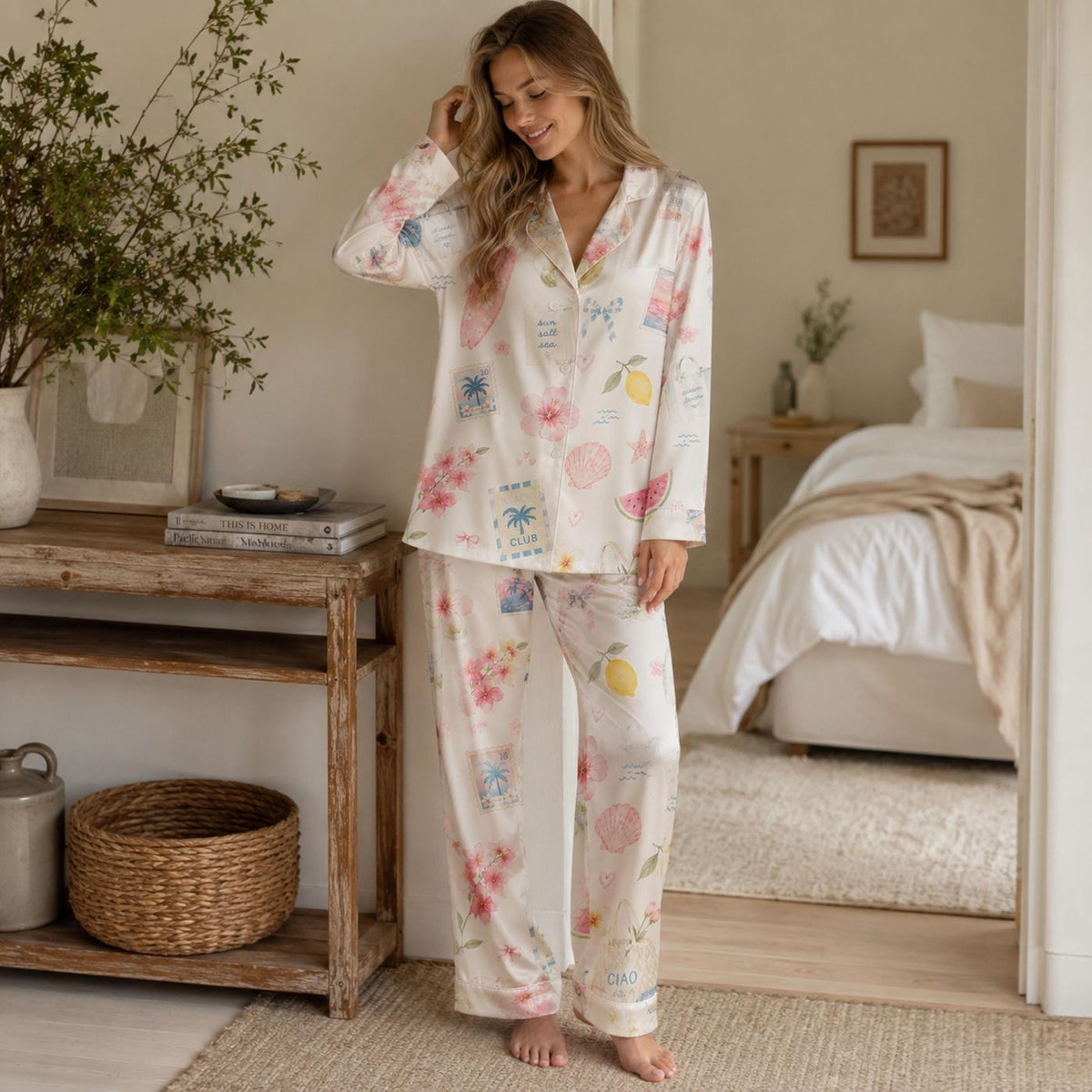 Beach Fruits & Seashells Satin Pajama Set for Summer Vacation - Tropical Print