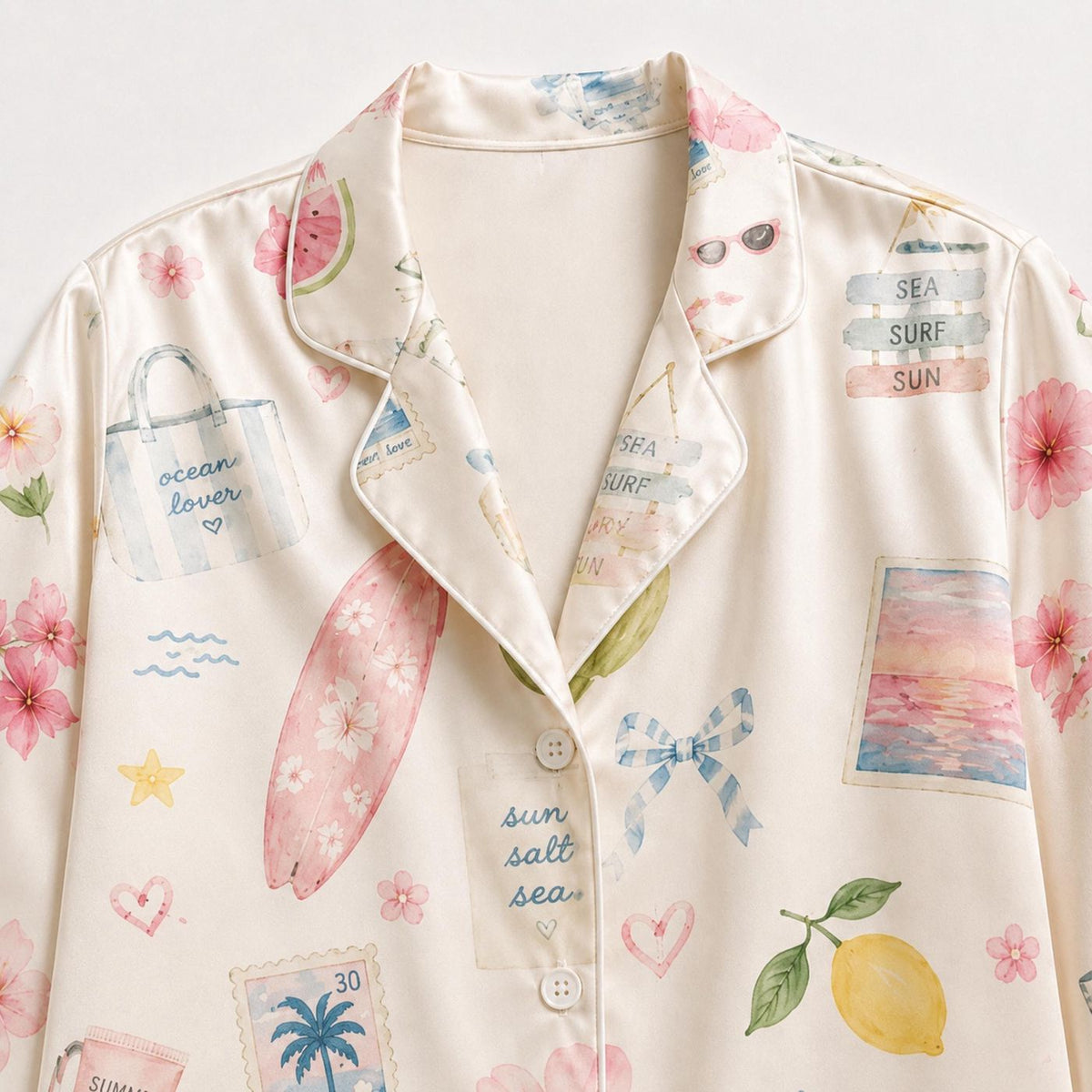 Beach Fruits & Seashells Satin Pajama Set for Summer Vacation - Tropical Print