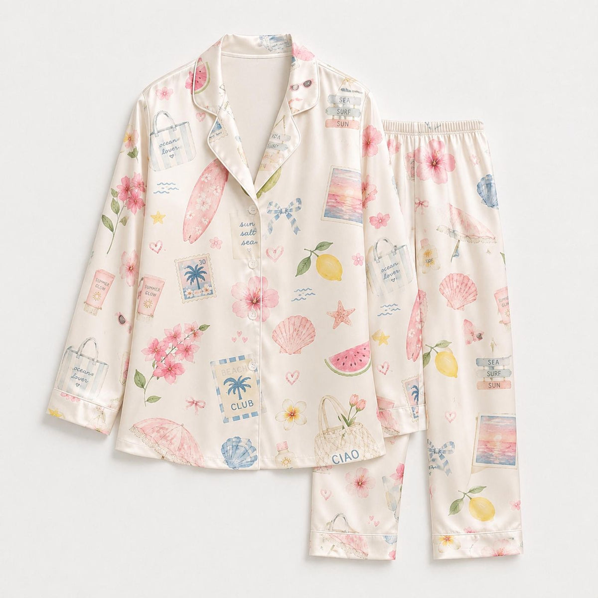Beach Fruits & Seashells Satin Pajama Set for Summer Vacation - Tropical Print