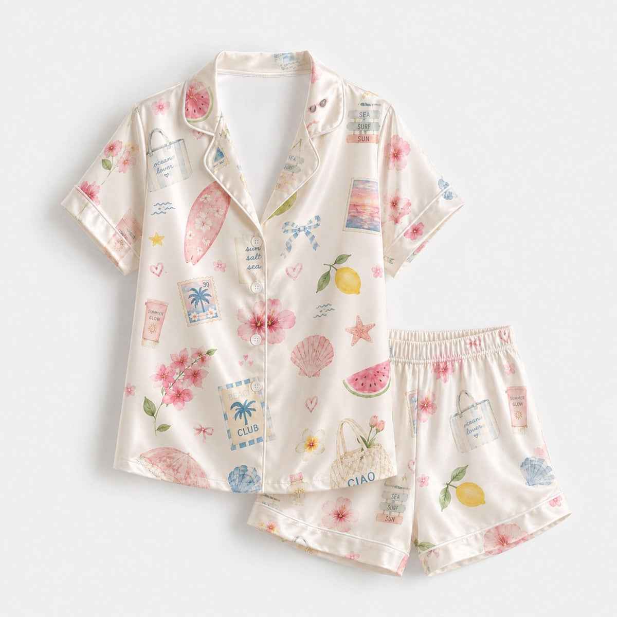Tropical Satin Pajama Set Beach Fruits Seashells Summer Vacation Print 80