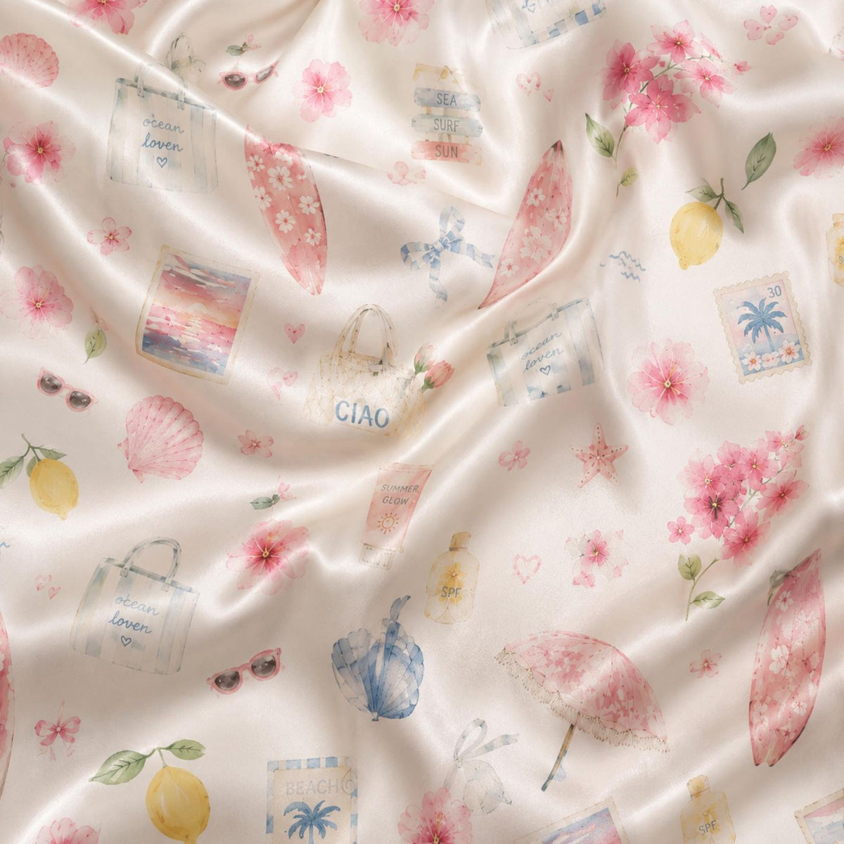 Beach Fruits & Seashells Satin Pajama Set for Summer Vacation - Tropical Print