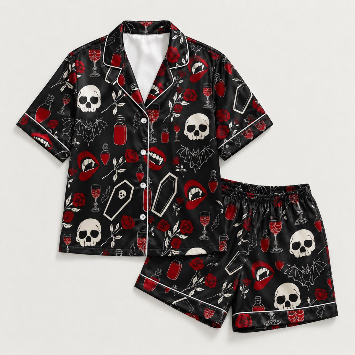 Vampire Rose Skull Satin Pajamas: Gothic Coffin Sleepwear Pjs