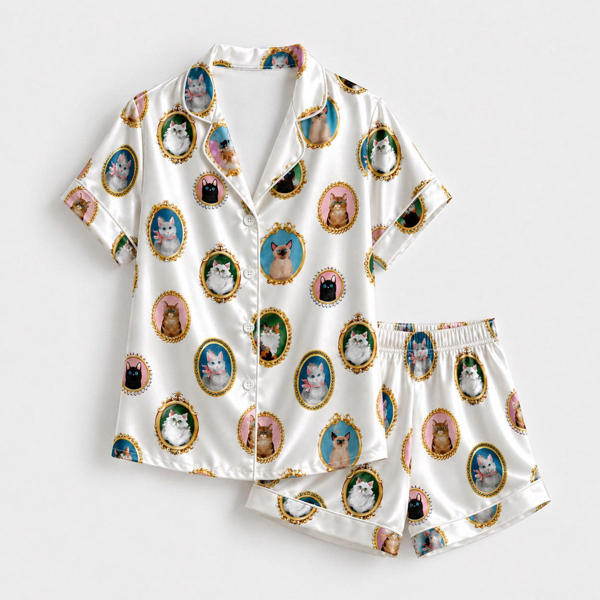 Vintage Cat Portrait Satin Pajama Set Antique Feline Artwork Sleepwear