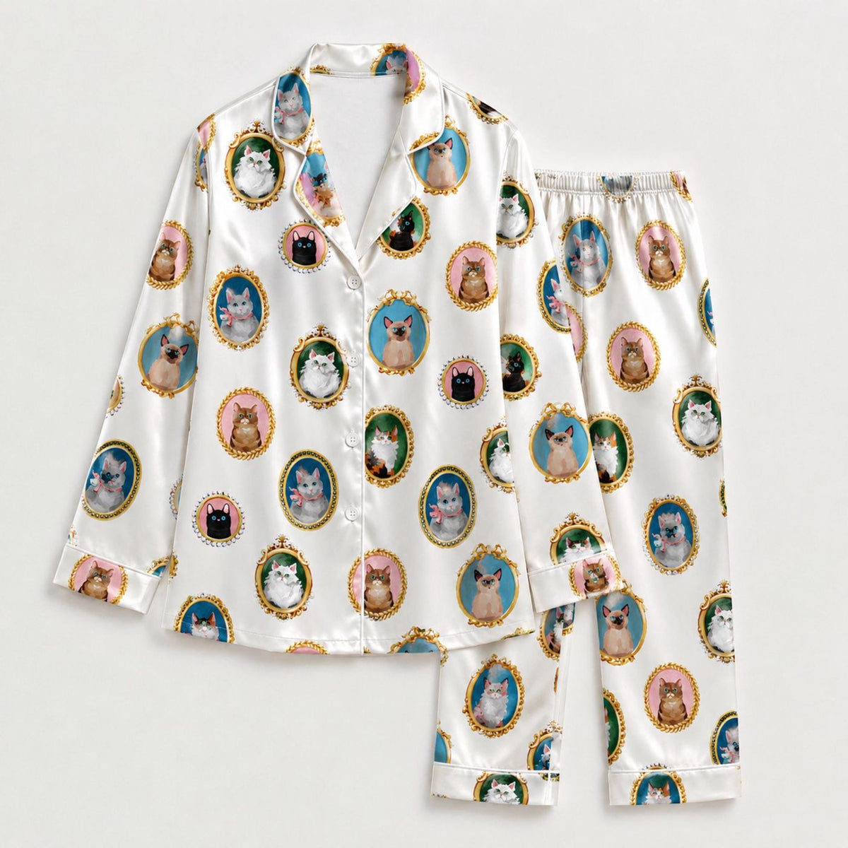Vintage Cat Portrait Satin Pajama Set - Antique Inspired Feline Artwork Sleepwear