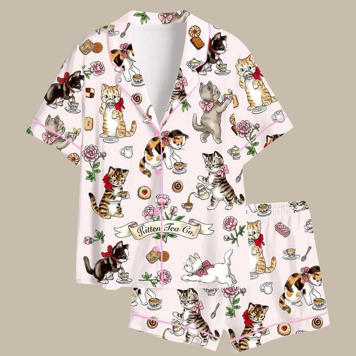 Vintage Cat Satin Pajama Set, Calico Tabby Loungewear, Cat Lovers Christmas Gift for Women