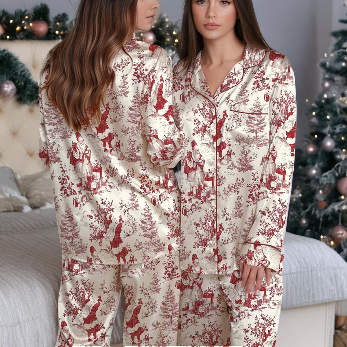 Vintage Christmas Satin Pajamas Set Xmas Matching Loungewear Women