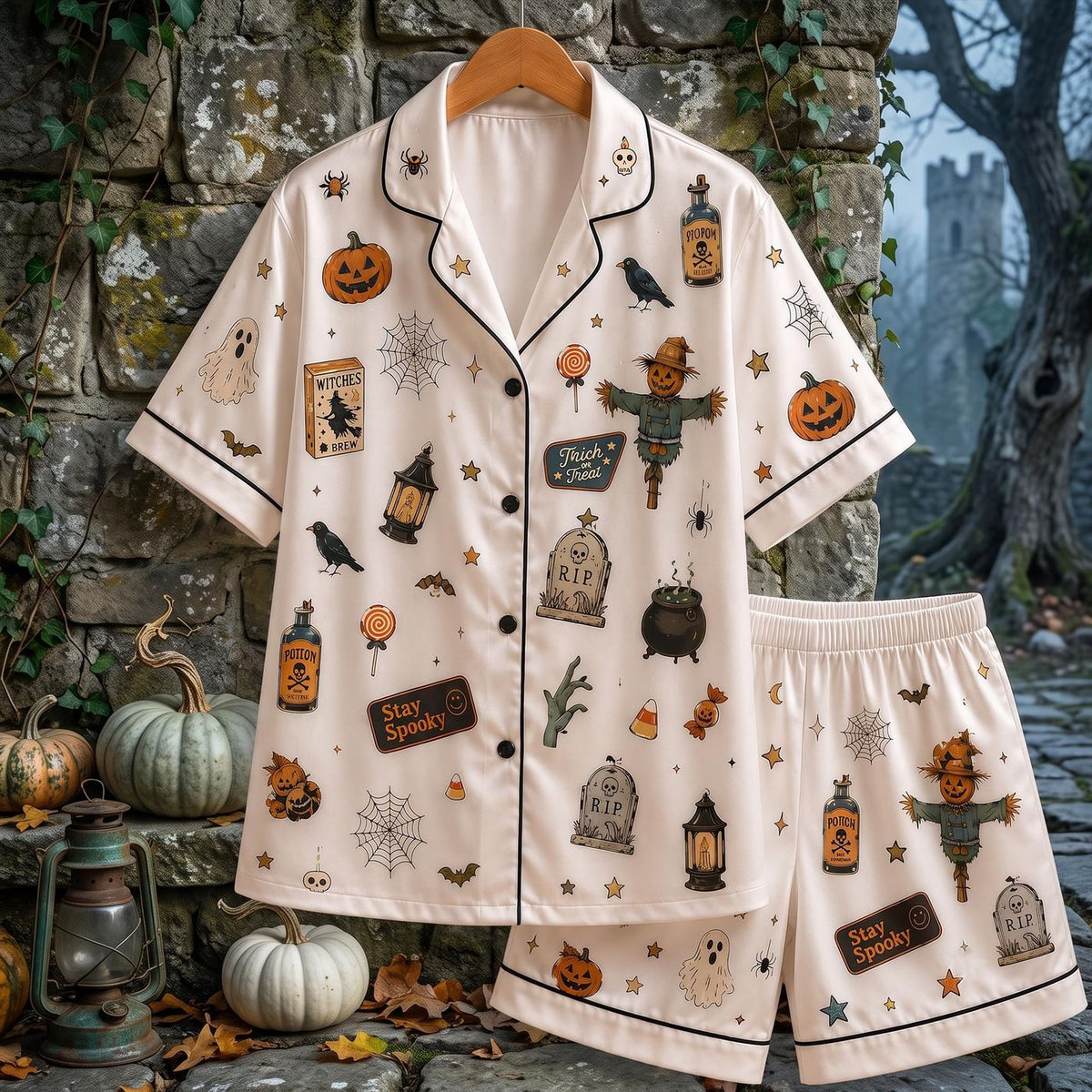 Vintage Halloween Pajama Set Spooky Ghost Pumpkin Scarecrow PJs Womens Fall Sleepwear