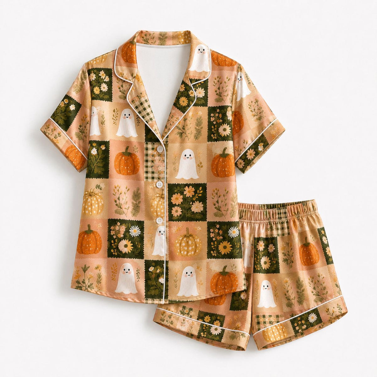 Vintage Halloween Patchwork Satin Pajama Set - Ghost Pumpkin Floral Sleepwear