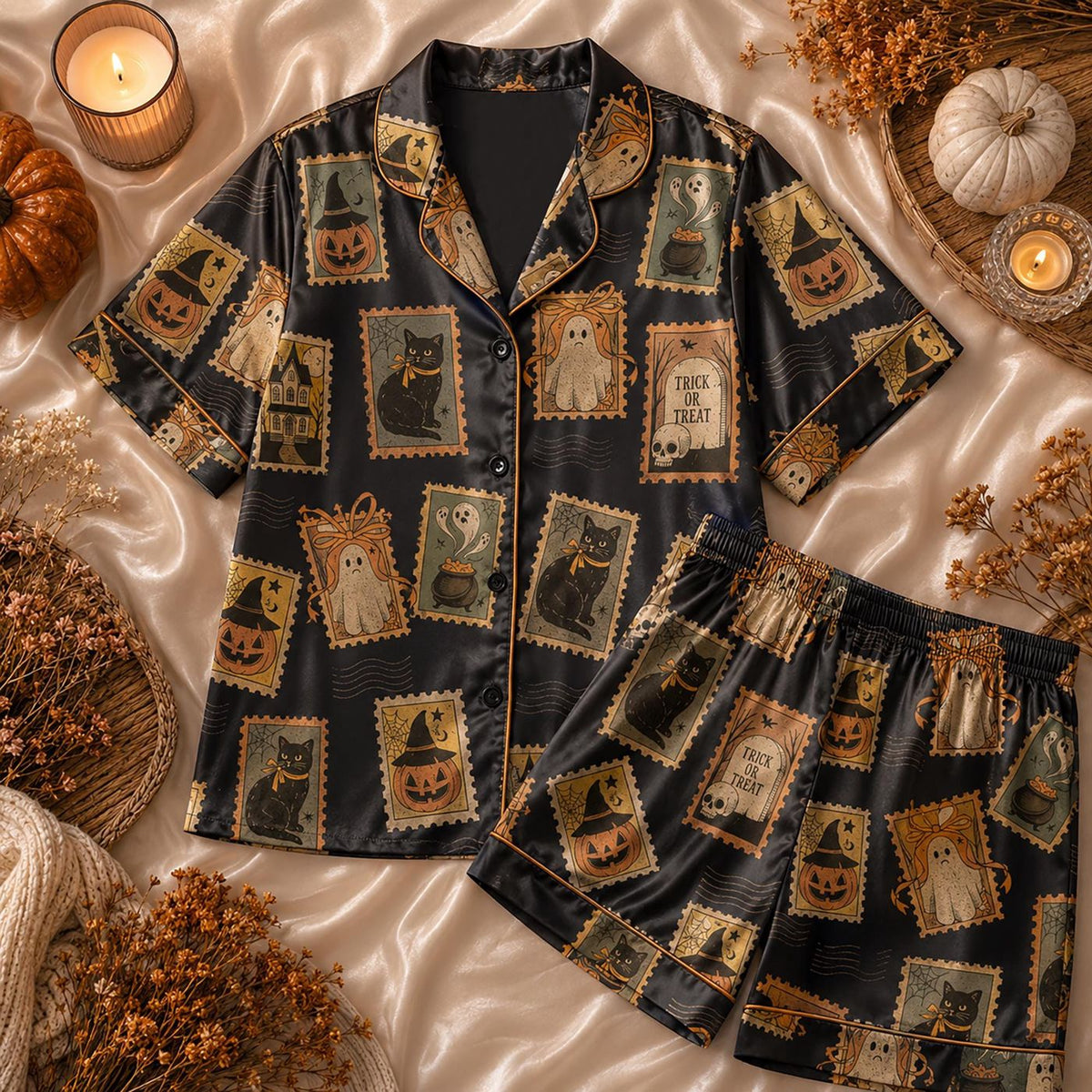 Vintage Halloween Postage Stamp Satin Pajamas - Spooky Ghost Black Cat PJ Set for Retro Gothic Sleepwear Gift