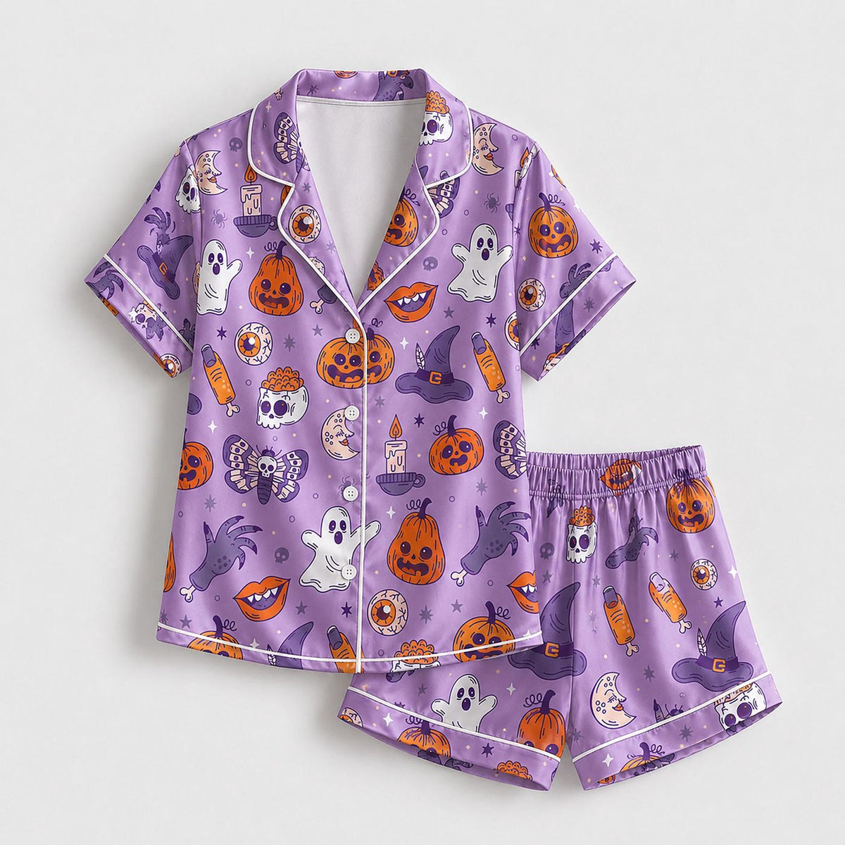 Vintage Halloween Satin Pajama Set - Nostalgic Spooky Holiday Design for a Stylish Trick-or-Treat Look