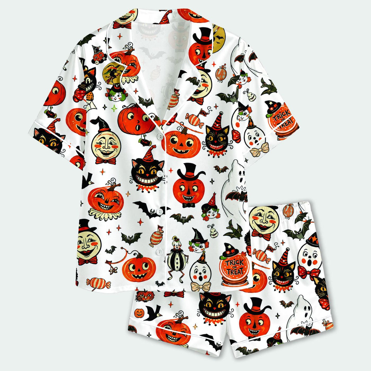 Vintage Halloween Satin Pajama Set with Pumpkin Black Cat Bat & Retro Spooky Pattern