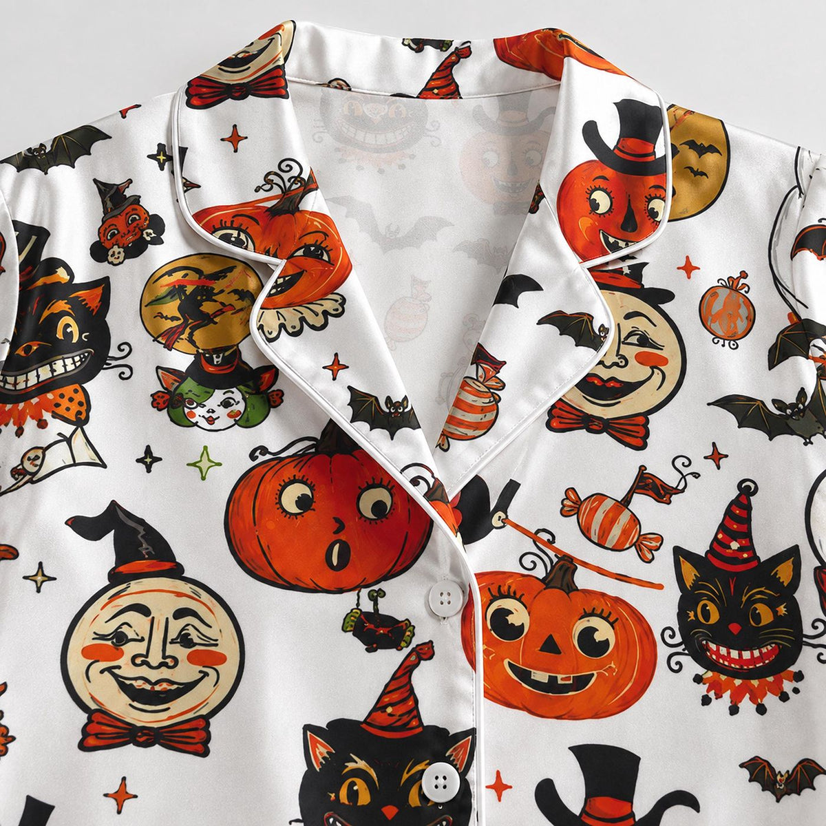 Vintage Halloween Satin Pajama Set with Pumpkin Black Cat Bat & Retro Spooky Pattern
