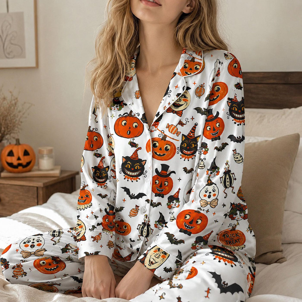 Vintage Halloween Satin Pajama Set with Pumpkins Cats Bats Retro Pattern