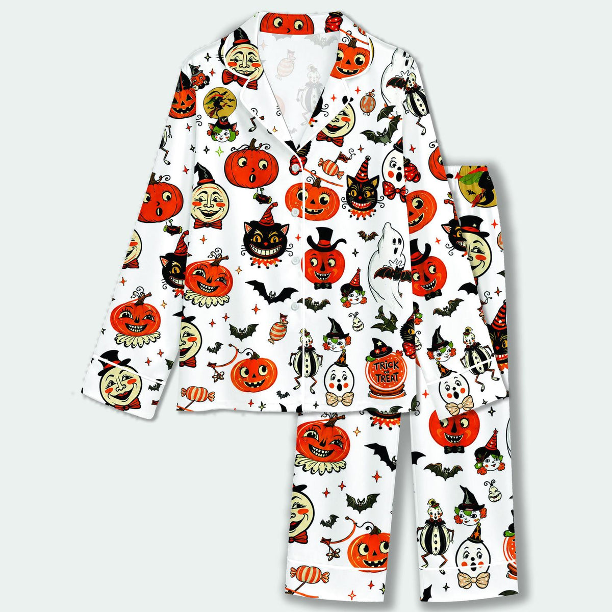 Vintage Halloween Satin Pajama Set with Pumpkins Cats Bats Retro Pattern
