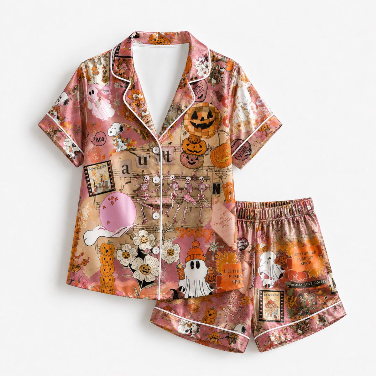 Vintage Halloween Satin Pajama Set with Pumpkins Ghosts and Spooky Florals