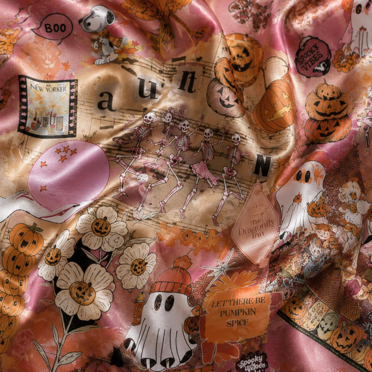 Vintage Halloween Satin Pajama Set with Pumpkins Ghosts and Spooky Florals - Antique Collage Pattern