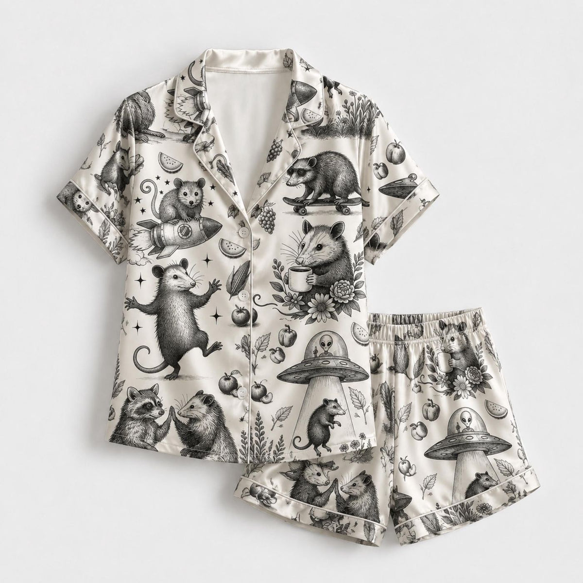 Vintage Woodland Animals UFO Satin Pajama Set Forest Sleepwear