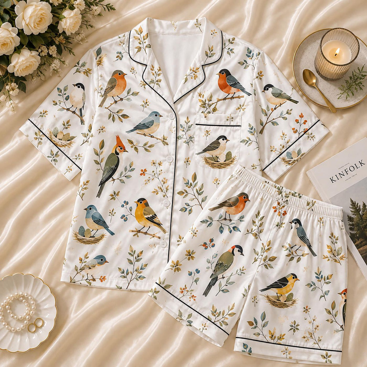 Watercolor Bird Pajamas Set: Botanical Garden Sleepwear for Her