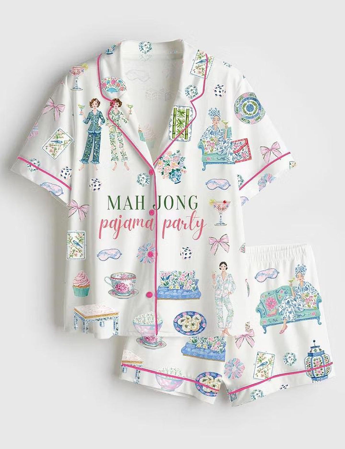 Watercolor Mahjong Pajamas: Cocktail Party Satin PJs - Silky Loungewear for Game Night