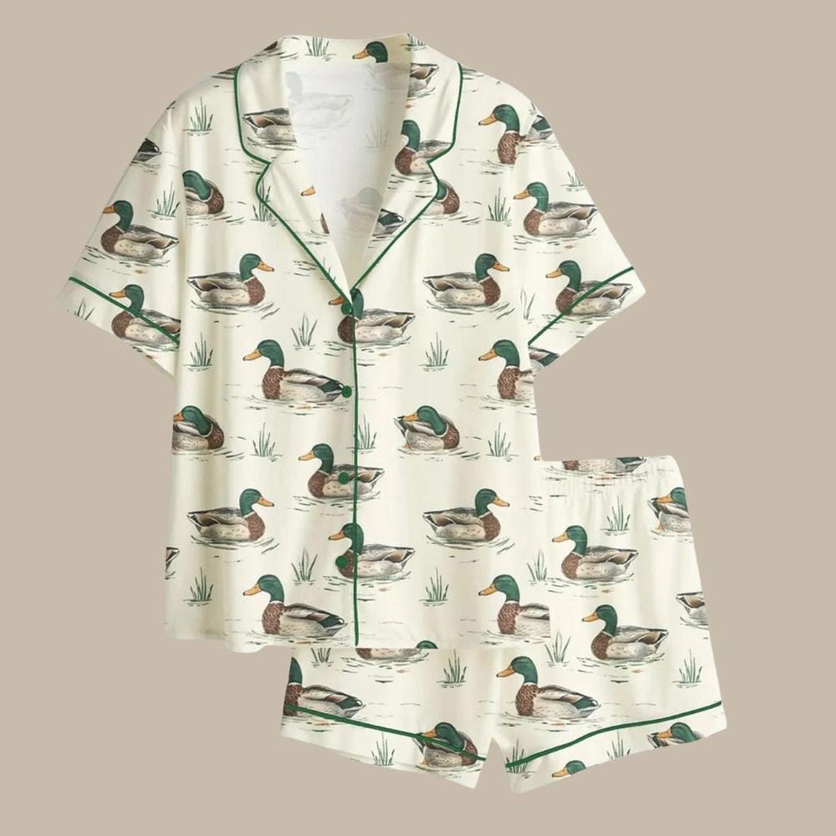 Watercolor Mallard Duck Satin Pajama Set Fun Sleepwear, Duck Lover Birthday Gift for Women