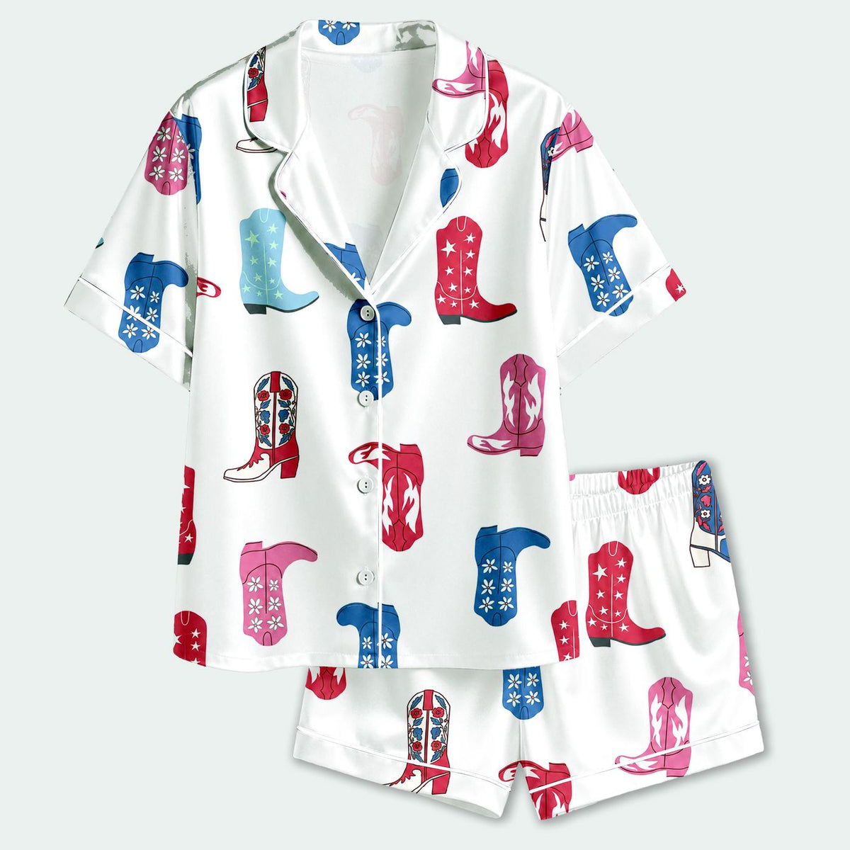Western Cowboy Boot Satin Pajama Set: Red Blue Boots & Americana Rodeo Pattern for Cozy Sleepwear