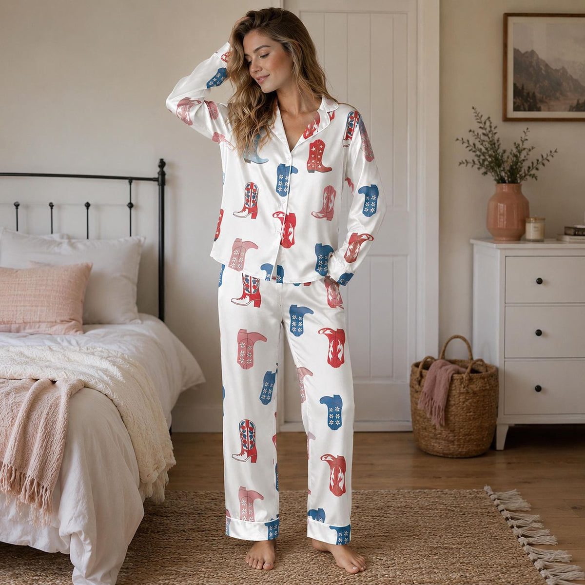 Western Cowboy Boot Satin Pajama Set: Red Blue Boots & Americana Rodeo Pattern for Cozy Sleepwear