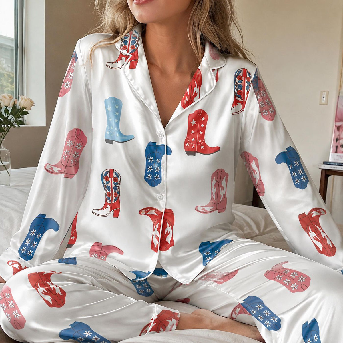 Western Cowboy Boot Satin Pajama Set: Red Blue Boots & Americana Rodeo Pattern for Cozy Sleepwear