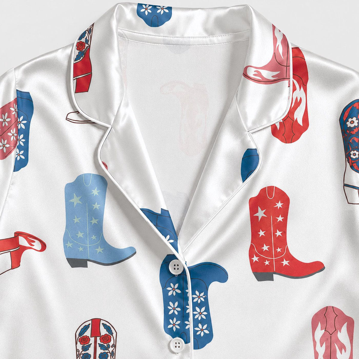 Western Cowboy Boot Satin Pajama Set: Red Blue Boots & Americana Rodeo Pattern for Cozy Sleepwear