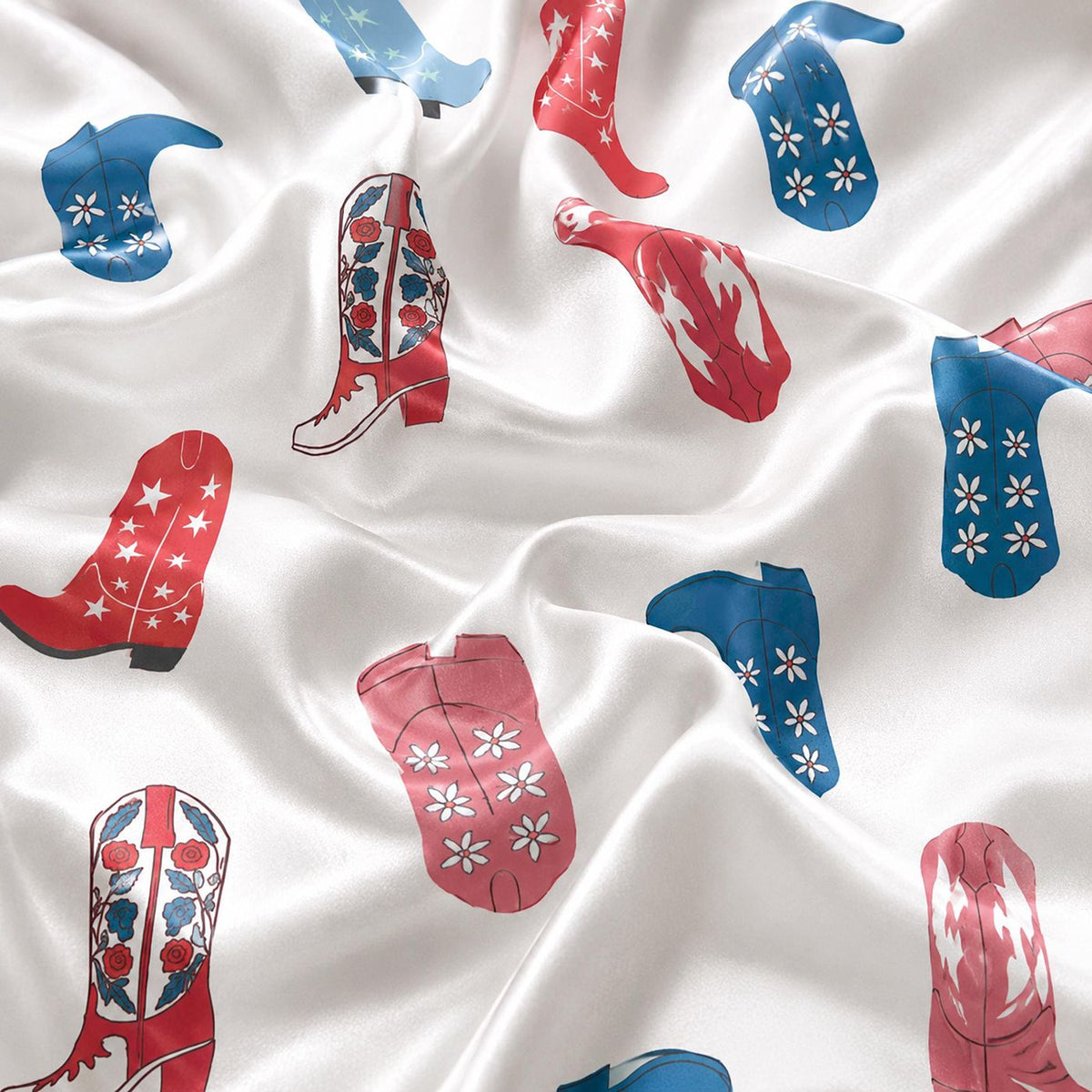 Western Cowboy Boot Satin Pajama Set: Red Blue Boots & Americana Rodeo Pattern for Cozy Sleepwear