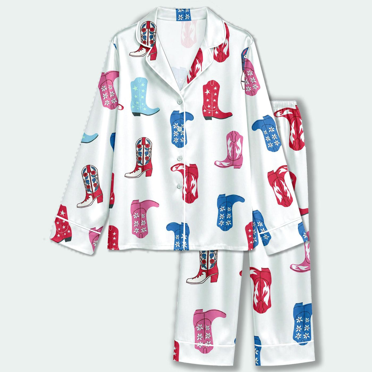 Western Cowboy Boot Satin Pajama Set: Red Blue Boots & Americana Rodeo Pattern for Cozy Sleepwear