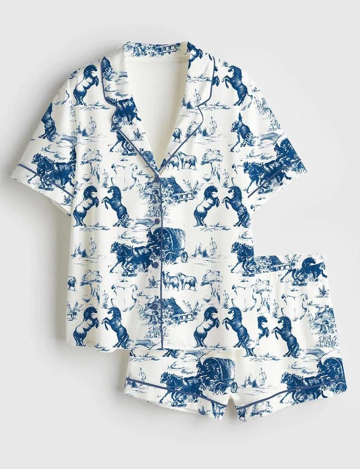 Western Horse Blue Toile Women Pajama Set Country Lounge PJ