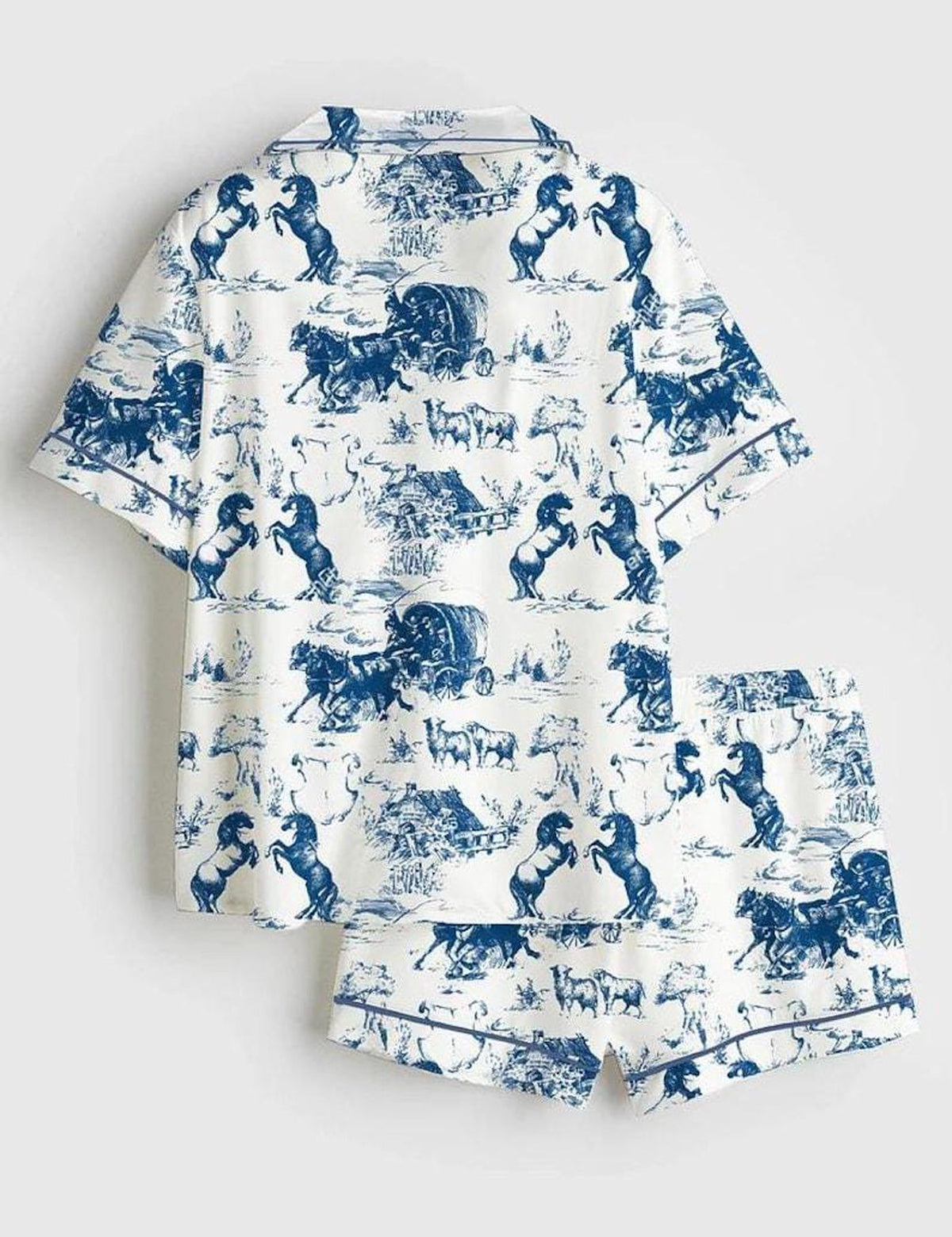 Western Horse Blue Toile Women Pajama Set Country Lounge PJ